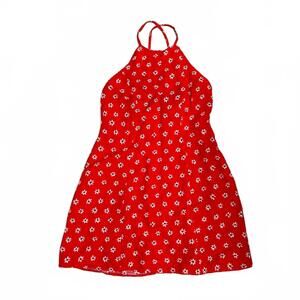 Zara Red & White Floral Daisy Linen Blend High Neck Mini Dress- Size Medium